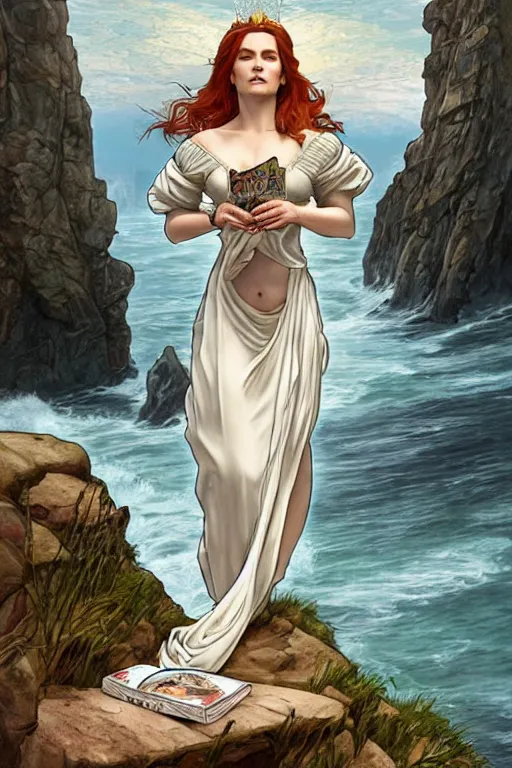 Image similar to a hyperdetailed tarot card of triss merigold as a princess asleep on a bed in a tower, sleeping princess!!!!, window that overlooking cliffs and crashing waves in the background, highly detailed, deep focus, elegant, digital painting, smooth, sharp focus, ultra realistic, 8 k, art by greg rutkowski and jeong seon and alphonse mucha