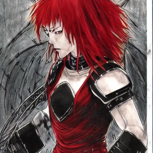 Image similar to female warrior, red hair, black armor, by takehiko inoue, ultra detailled, medieval, manga