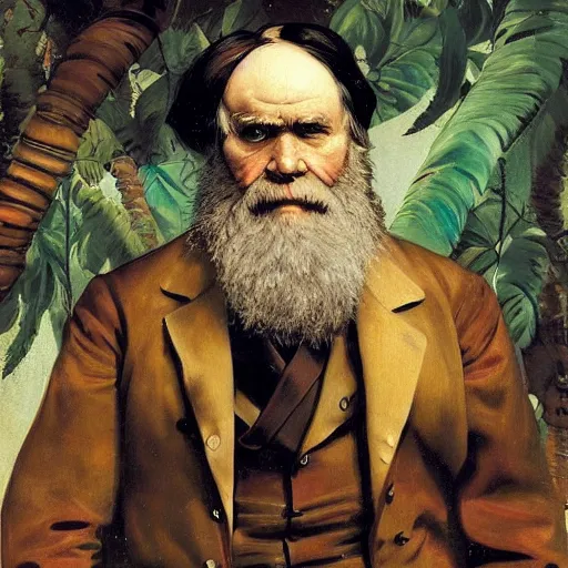 Image similar to portrait of charles darwin with human species from the future, hanafuda oil on canvas by ivan shishkin, james jean and yoji shinkawa