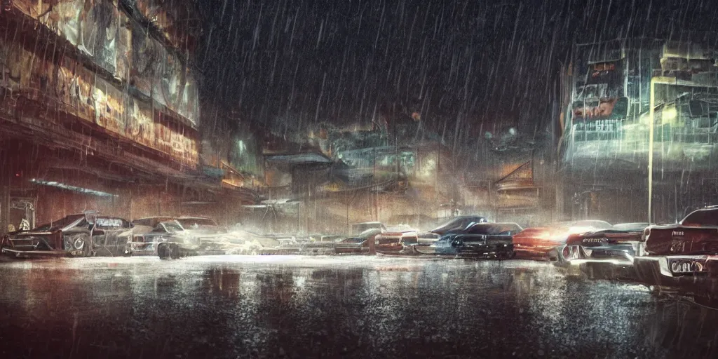 Prompt: laying in a parking lot on a dark night, rain drizzling with blaring yet dim lights, realistic 4k octane beautifully detailed render, 4k post-processing, highly detailed, intricate complexity, epic composition, magical atmosphere, cinematic lighting, masterpiece, ultra hd