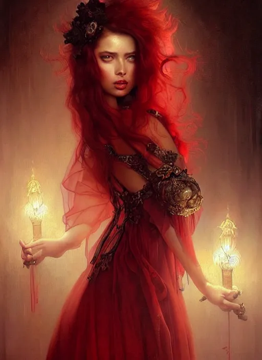 Prompt: a beautiful woman with baroque dress, red hair, adriana lima, painted by artgerm and tom bagshaw, by rembrandt 1 6 6 7, fantasy art, dramatic lighting, highly detailed oil painting