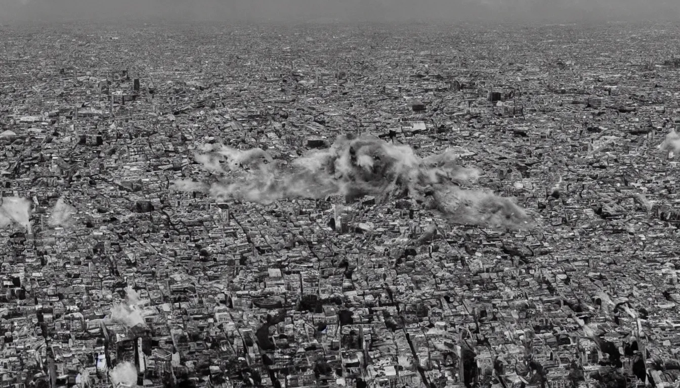 Image similar to Giant Gigachad destroying a city, drone footage black and white