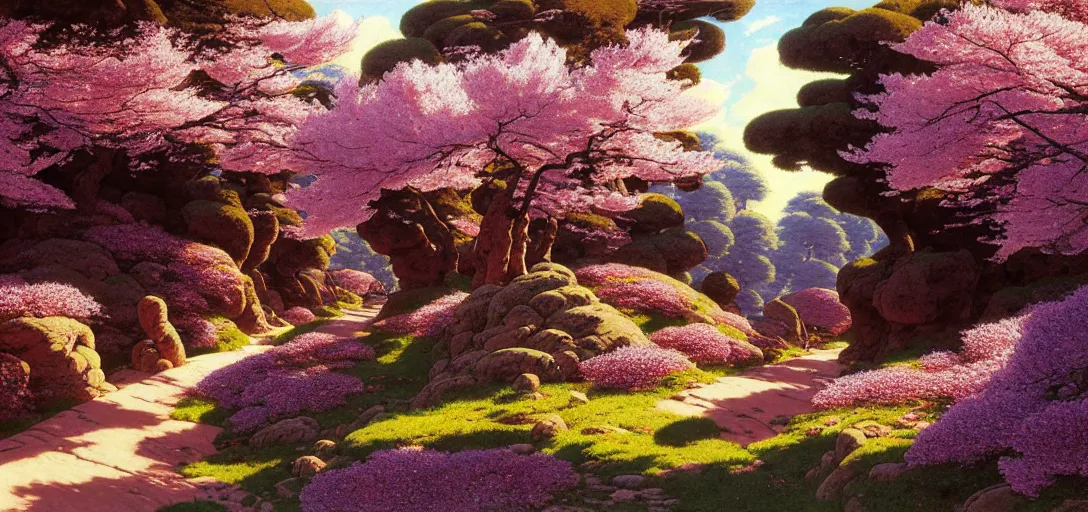 Prompt: ghibli illustrated background of a trail leading through a strikingly beautiful landform with strange rock formations and red water, purple flowers and cherry blossoms by vasily polenov, eugene von guerard, ivan shishkin, albert edelfelt, john singer sargent, albert bierstadt 4 k
