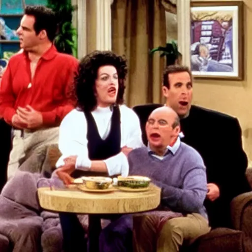 Prompt: A still from the television show Seinfeld, but every character is a domestic cat.