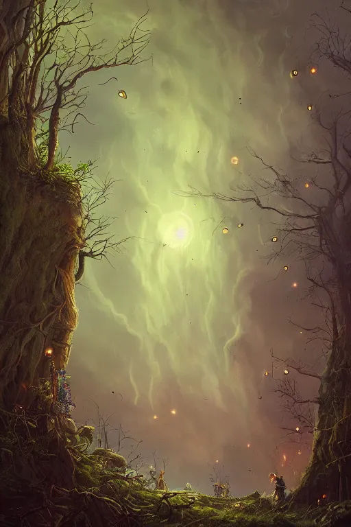 Image similar to a beautiful digital illustration painting of a detailed foreboding skies fantasy fireflies and roots, dark mushroom, flowers by roger dean, caspar david friedrich, and david rios ferreira, 8 k resolution trending on artstation concept art digital illustration