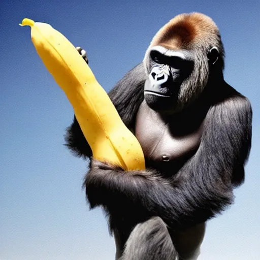 Image similar to a gorilla is a space suit traveling to outer space with his banana friend