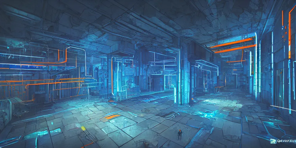 Image similar to cyberpunk dungeon, ancient caves, blue and orange neon lines along the wall,, large cubic blocks line the floor, bluestone walls, trending on artstation