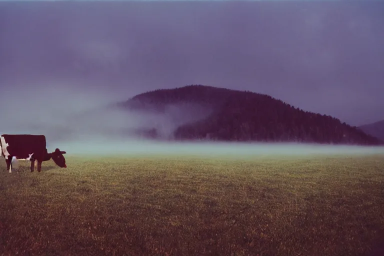 Image similar to film color photography, cow in the blue fog at the lawn, mountains in distance, 35mm