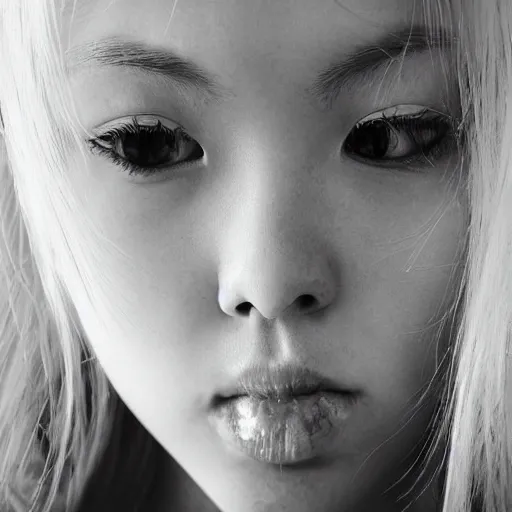 Prompt: portrait of a beautiful psychotic blonde 18 year old Japanese schoolgirl staring intently at the viewer from up close to her face. ultra clear 16K and 8K HD image with amazing detail and shadowing. trending on VSCO. magical ghost lucidity oblique psychotic dream state energy in the galaxy. up close photography. pretty selfie. 'what are you thinking about? I can tell what sort of thing you are thinking about.' says the girl staring at you