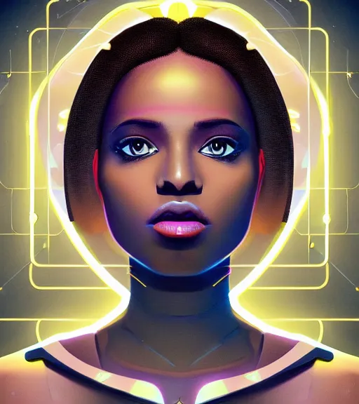 Image similar to symmetry!! ethiopian princess of technology, solid cube of light, hard edges, product render retro - futuristic poster scifi, lasers and neon circuits, brown skin man ethiopian princess, intricate, elegant, highly detailed, digital painting, artstation, concept art, smooth, sharp focus, illustration, dreamlike, art by artgerm