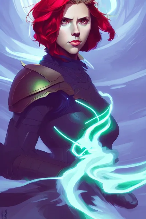 Prompt: style artgerm, joshua middleton, illustration, scarlett johansson as rune knight wearing green pelt light armor, anime eyes, blue hair, swirling water cosmos, fantasy, dnd, cinematic lighting