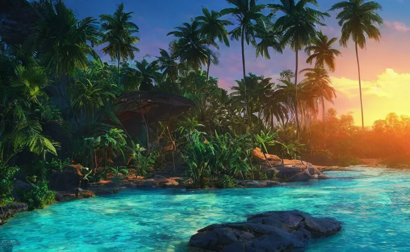 Image similar to a tropical resort in a jungle paradise, with a beautiful red and blue sunset, dynamic lighting, photorealistic fantasy concept art, trending on art station, stunning visuals, creative, cinematic, ultra detailed, ray tracing, sun rays