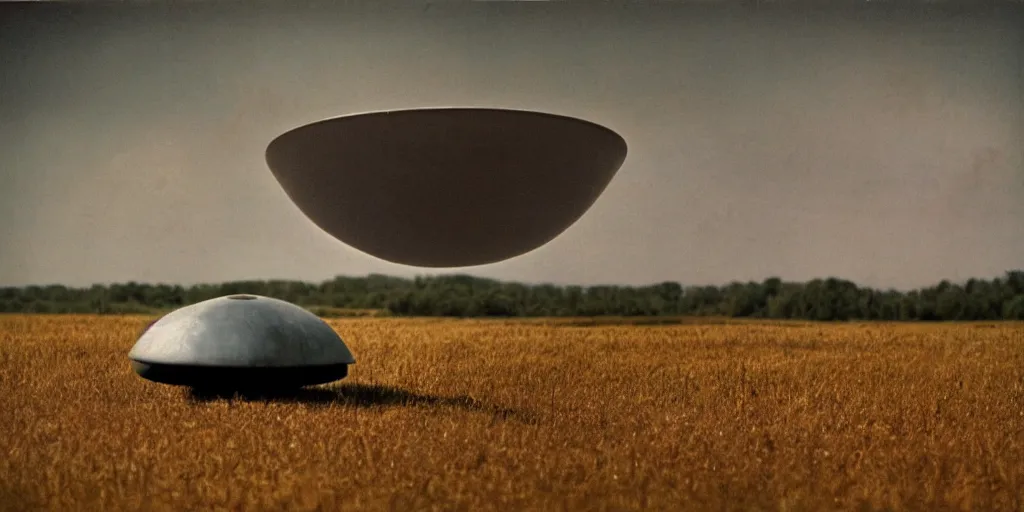 Image similar to detailed medium format photo, polaroid still from tarkovsky movie, saucer shaped ufo flying over a rural landscape haze, high production value, intricate details, 8 k resolution, hyperrealistic, hdr, photorealistic, high definition, tehnicolor, award - winning photography, masterpiece, amazing colors