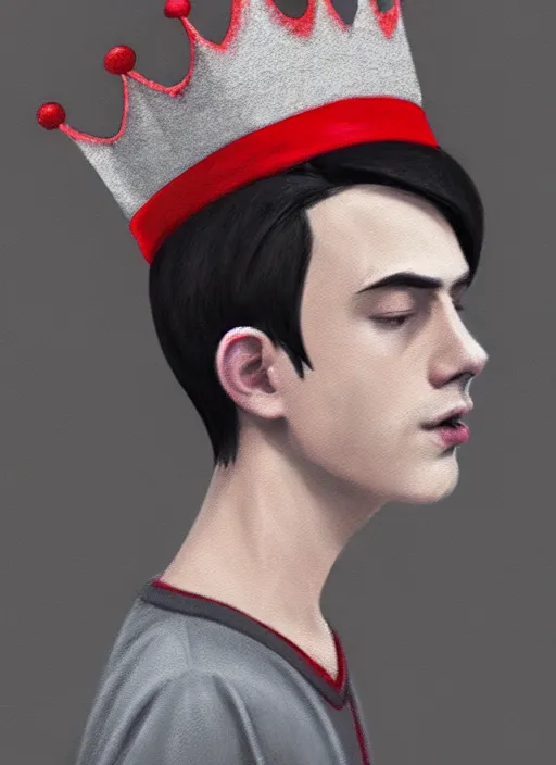 Image similar to portrait of teenage jughead jones wearing a light grey crown, photorealistic, crown made of fabric, grey crown with red and white pin badge, crown with pins, black hair, intricate, elegant, highly detailed, digital painting, glowing lights, artstation, concept art, smooth, sharp focus, illustration, art by wlop, mars ravelo and greg rutkowski