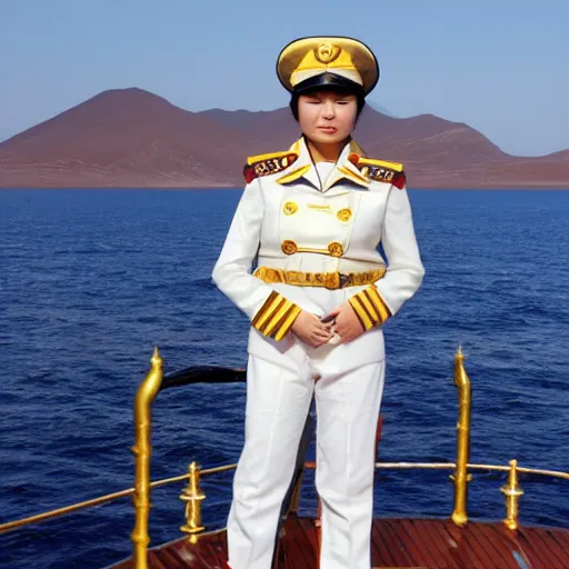 Image similar to Young Mongolian female Navy Admiral wearing a mess jacket, white waistcoat, gold-laced trousers, and a peaked cap, on the deck of a ship