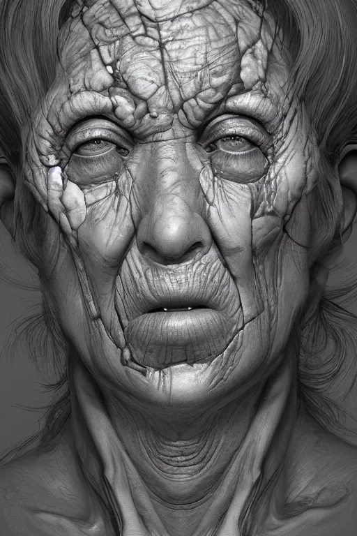 Image similar to portrait of a old woman with cracked reaction diffusion skin. high detail, by Eddie Mendoza