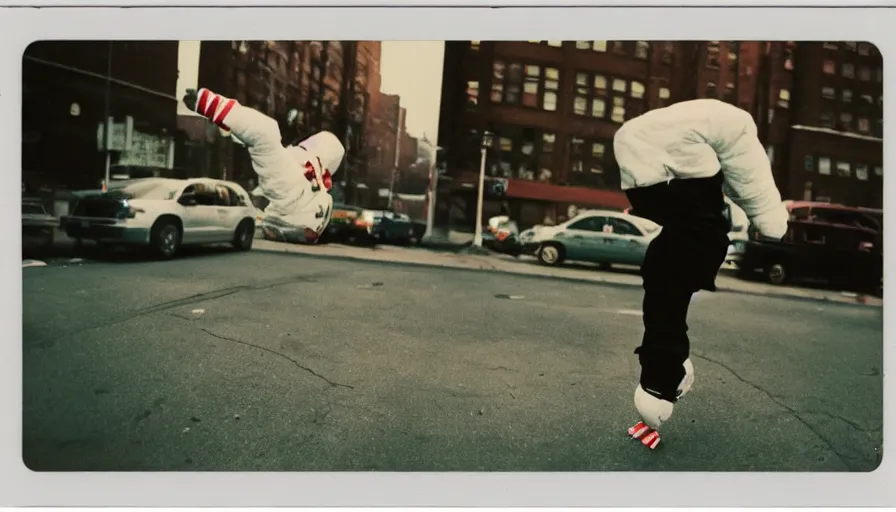 Prompt: the stay - puft marshmallow man breakdancing in harlem, new york, grainy, grungy, polaroid photograph, vintage, scanned