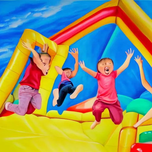 Prompt: a painting of young children jumping in a bouncy castle made of jell - o, with very dramatic lighting, realistic