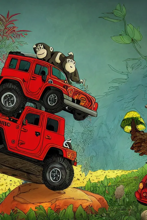 Image similar to gorilla driving a jeep holding a amanita muscaria, sunshine, by alba ballesta gonzalez and moebius. 4 k wallpaper, digital flat 2 d, japan animation, comic book, illustration, cinematic lighting, smooth sharp focus.