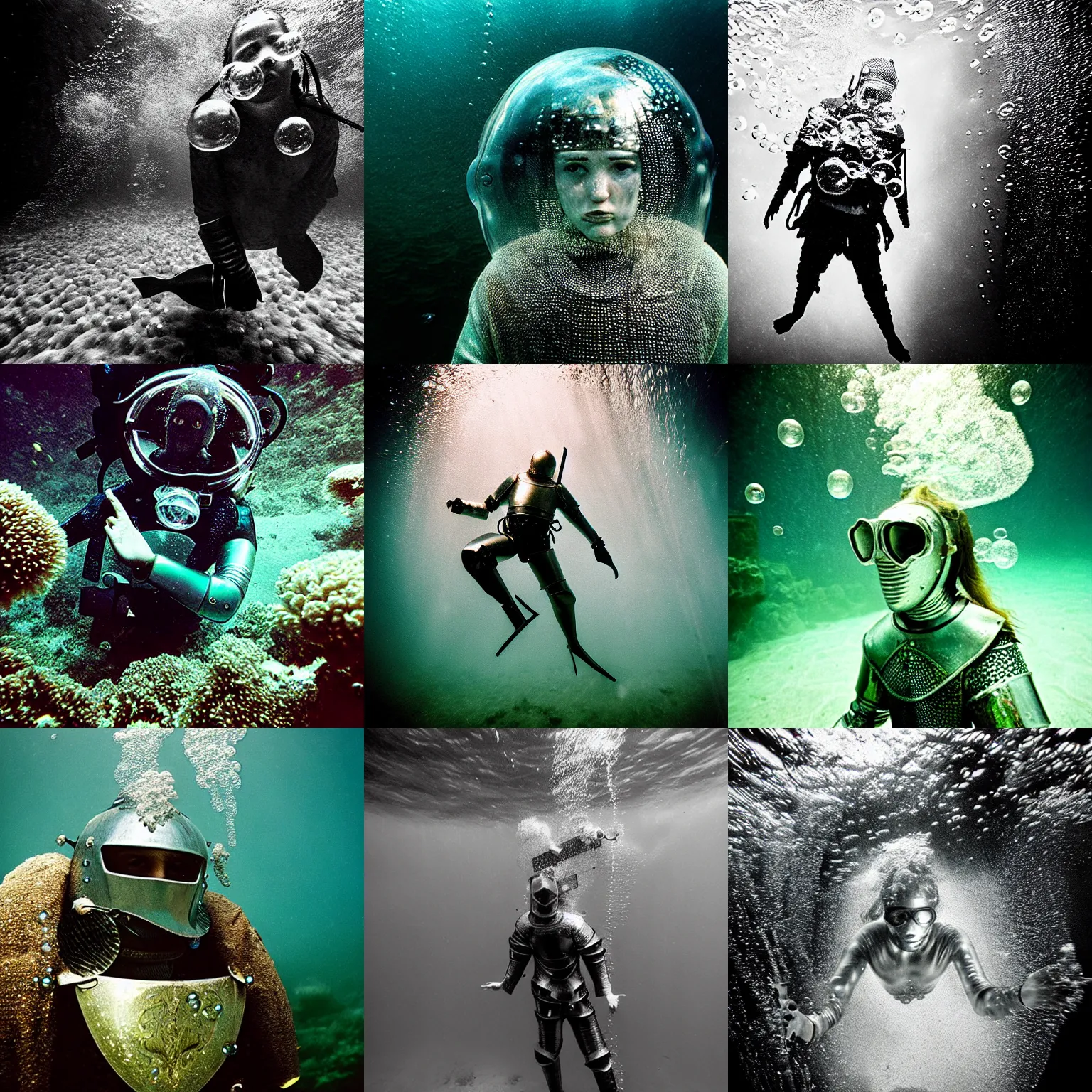 Prompt: Underwater photo of a beautiful medieval knight by Trent Parke, close up, huge bubbles, metallic patterns, clean, detailed