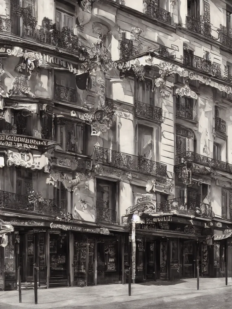 Image similar to photorealistic exterior of cabaret hell, dark - themed parisian nightclub of the belle epoque, very fine detail, 8 k rendering