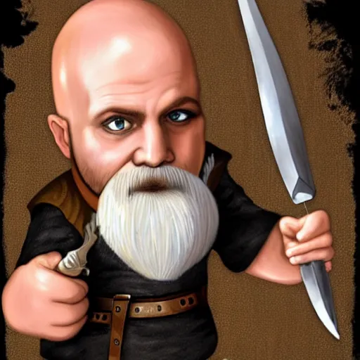 Image similar to bald dwarf with white beard, holding a dagger and bomb, dnd, high detail, fantasy,