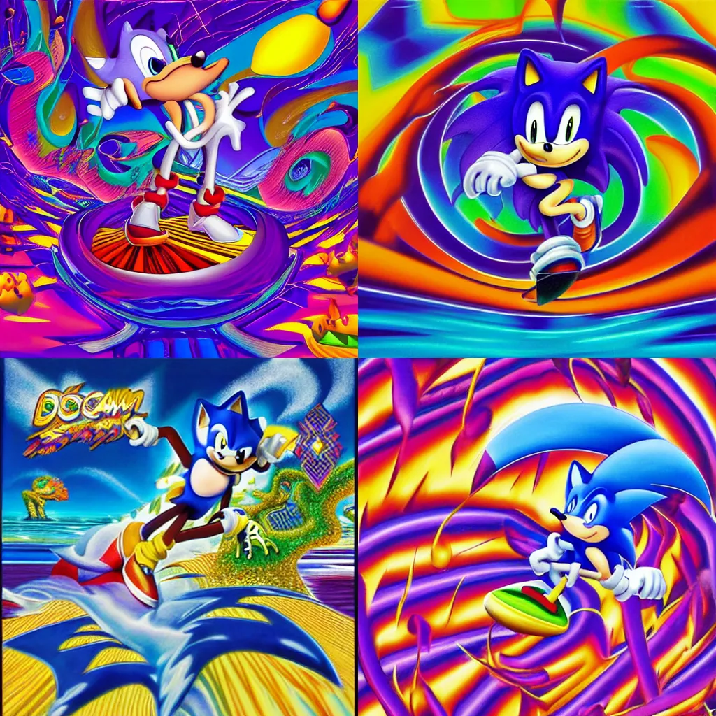Prompt: dream surreal, sharp, detailed professional, high quality airbrush art mgmt album cover of a liquid dissolving lsd dmt sonic the hedgehog surfing through cyberspace, purple checkerboard background, 1 9 9 0 s 1 9 9 2 sega genesis video game album cover