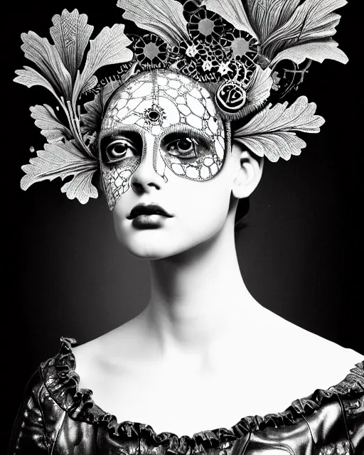 Prompt: black and white masterpiece profile portrait painting with no frame, dutch masters, silver lace floral steampunk biomechanical beautiful one techno eye young female cyborg, big monocular, volumetric light, leaves foliage and stems, hibiscus flowers, by dora maar, rim light, big gothic fashion pearl embroidered collar, 8 k