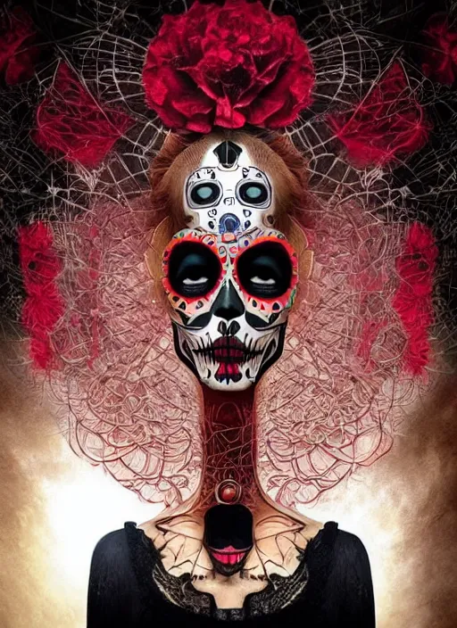 Image similar to dia de los muertos theme surrealist art in the styles of igor morski, jim warren, and aida muluneh, intricate, hyperrealistic, accurate facial details, profile picture with chromakey!!!!! background, volumetric lighting