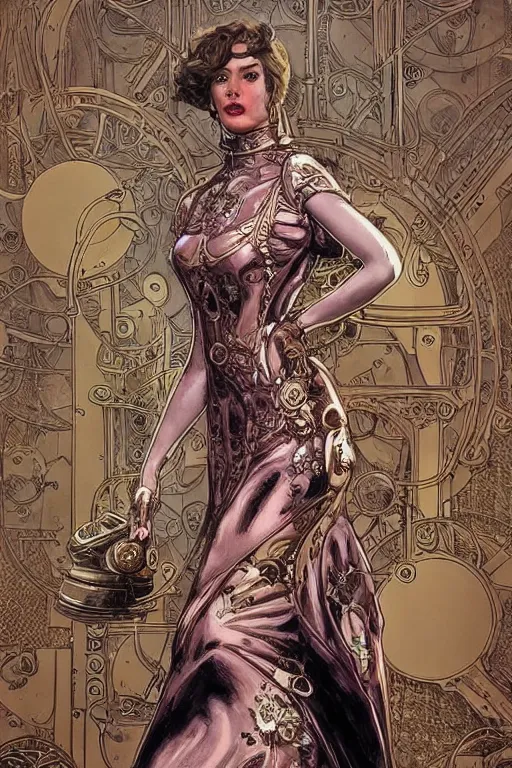 Prompt: brass semi - mechanical woman, portrait, floral art nouveau dress, art by ardian syaf and moebius, in steampunk cityscape