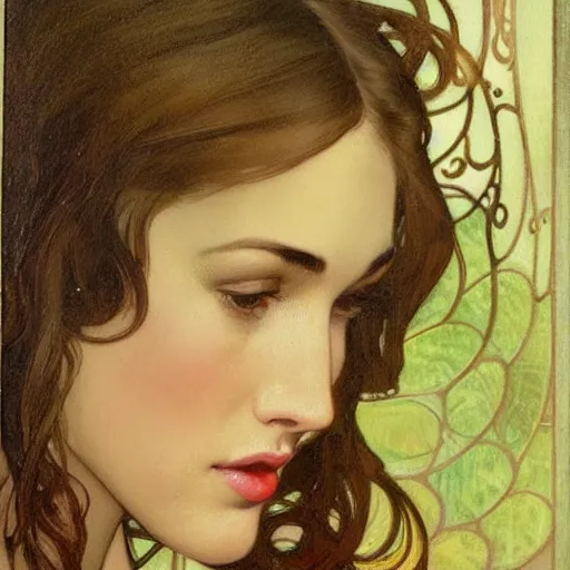 Image similar to a closeup portrait of a young megan fox, art nouveau, jugendstil, decorative background, spirals, painted by alphonse mucha