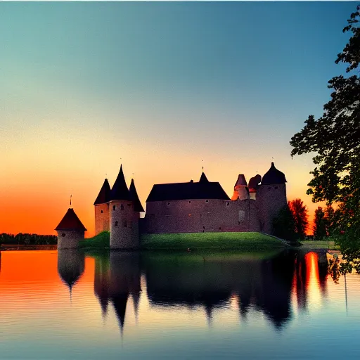 Prompt: cinematic shot of trakai castle during sunset, oil painting, artstation