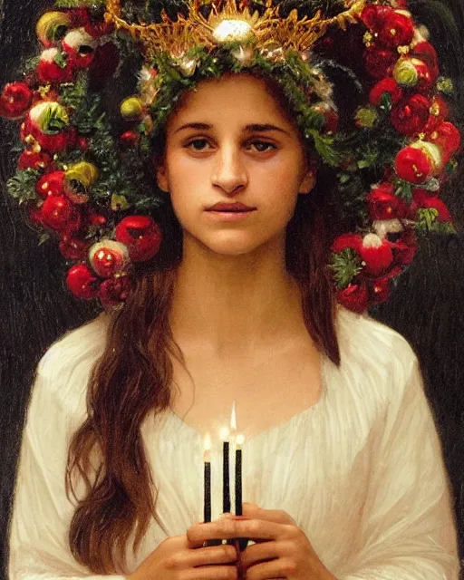 Prompt: a shadowy portrait painting of a shy 1 6 - year old alicia vikander as santa lucia at christmas wearing a holly wreath as a crown with candles, lit only by candlelight in the darkness, intricate, elegant, highly detailed, artstation, concept art, by krenz cushart and donato giancola and william adolph bouguereau and alphonse mucha