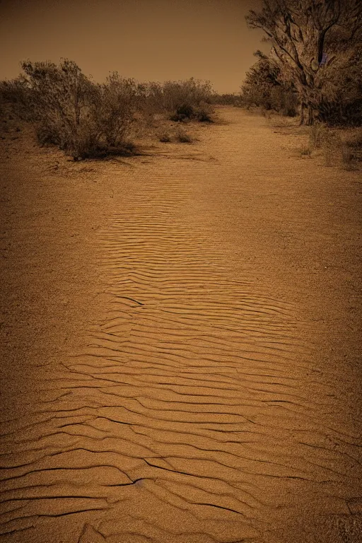 Image similar to walking down a single path in a desert, dream, tonemapped, sepia, photorealistic