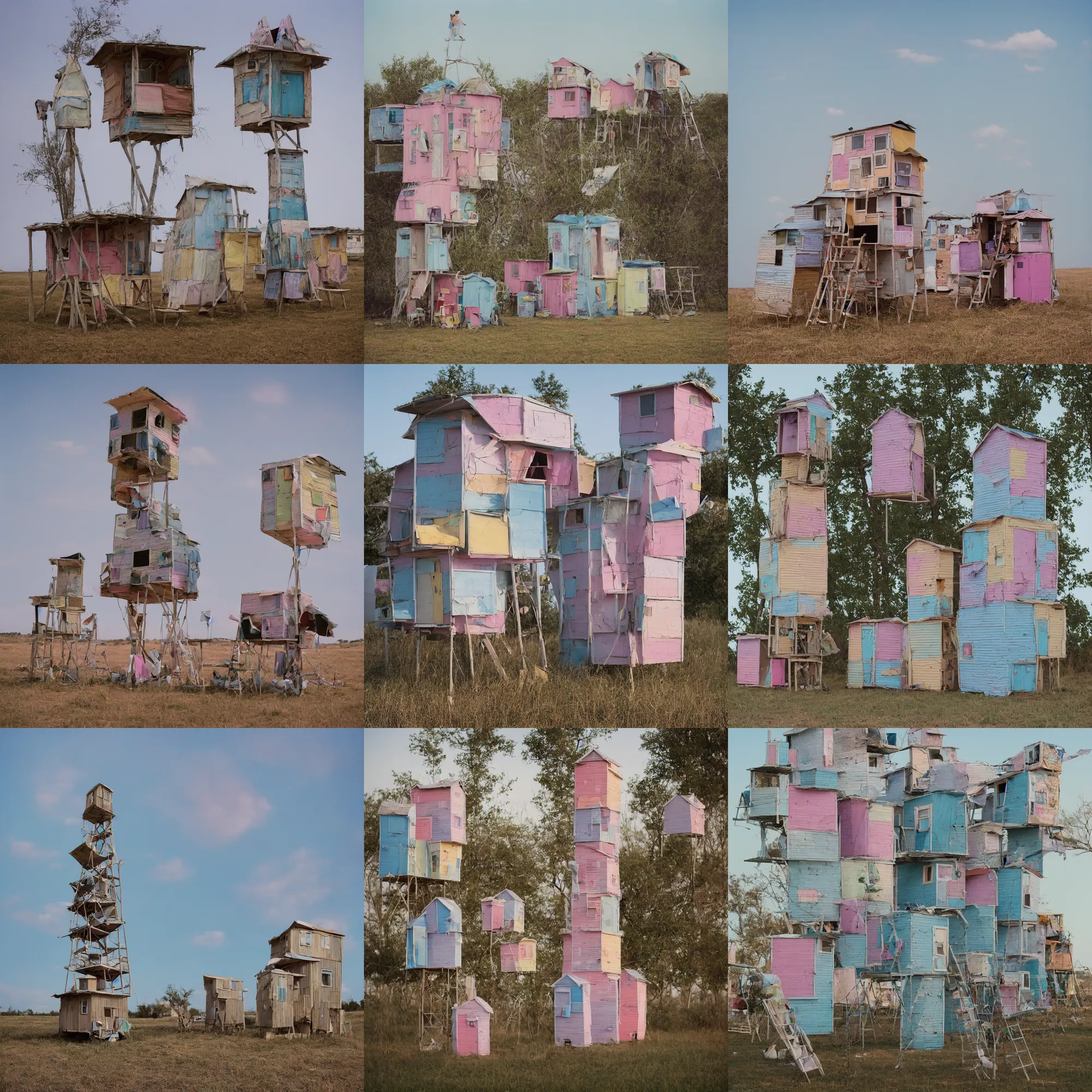 Prompt: a tower made up of makeshift squatter shacks with pastel colours, mamiya, 8 5 mm, f 1. 7, fully frontal view, uniform plain sky, fine details, centered composition, photographed by julie blackmon