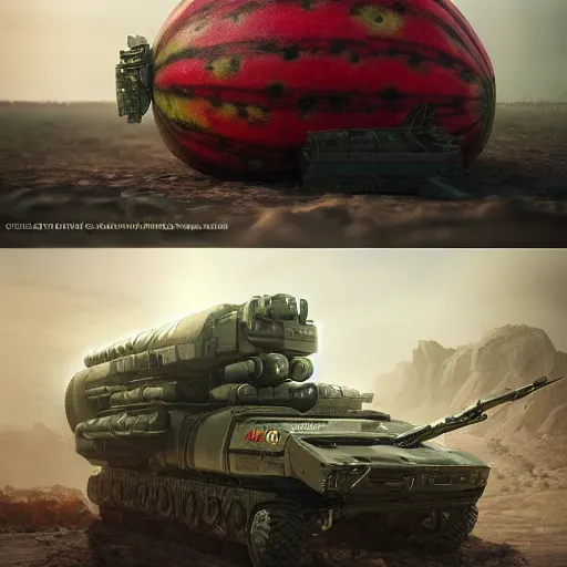 Prompt: Very very very very highly detailed sci-fi Watermelon HIMARS warmachine. Realistic Concept digital art rendered in super Octane Render in style of Hiromasa Ogura Gost in the shell, more Watermelon a bit less HIMARS warmachine, epic dimensional light