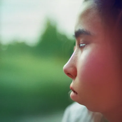 Prompt: Close-up of a girl looking away, serene, lost in her thoughts, police car lighting up her face, cinestill 800t