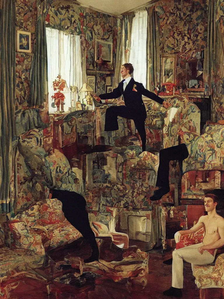 Prompt: olympic russian athlete young man posing in his living room, his grandparents are sitting on the coach behind him, by Konstantin Somov, 1987.