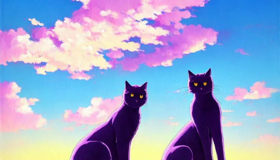 Prompt: highly detailed contemporary acrylic painting of really tall sitting cats by makoto shinkai, thick brush strokes and visible paint layers, glistening clouds in background, purpleb blue black, white and pink color scheme