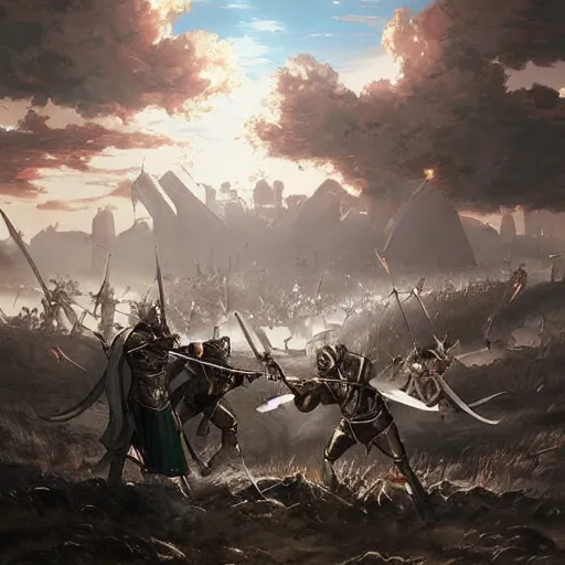 Prompt: a beautiful medieval battle between Knight, Templar against Orc, in anime style highly detailed by Raphael Lacoste, greg rutkowski, makoto shinkai