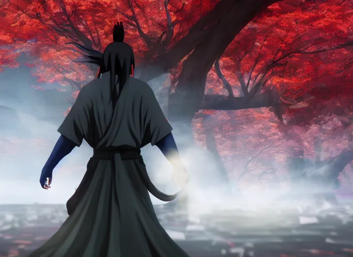 Prompt: itachi using susanoo, ultra realistic 4 k unreal engine very cinematic render with ray tracing bloom ambient occlusion strong reflections depth of field fog