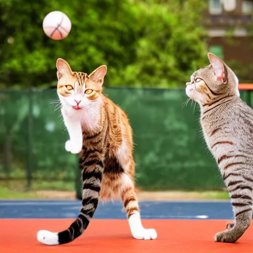 Image similar to two cats playing basketball, very detailed, album photo, canon shot