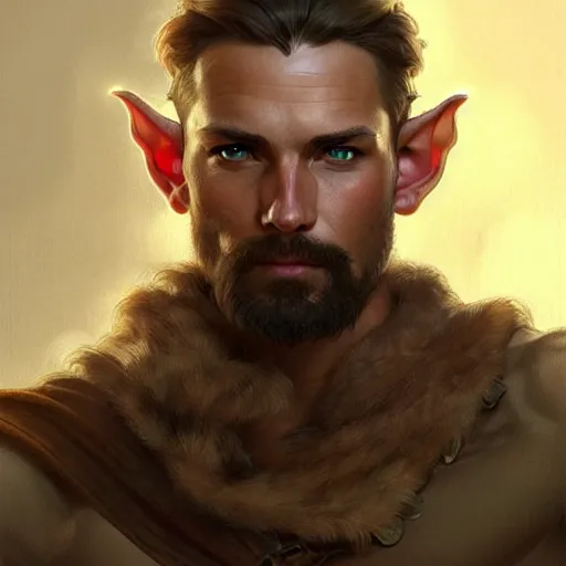 Image similar to Portrait of rugged male ranger, elf, D&D, amber eyes, muscular, fantasy, intricate, elegant, highly detailed, digital painting, artstation, concept art, smooth, sharp focus, illustration, art by artgerm and greg rutkowski and alphonse mucha