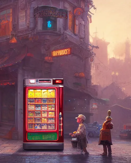 Image similar to talking truck buying cigarettes from a vending machine in a robust fantasy village, calming, uplifting mood, ultra realistic, factory, funny, small buildings, highly detailed, epic lighting, illuminated, cinematic, morning, art by eddie mendoza