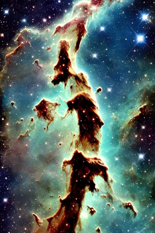 Prompt: Pillars of Creation. elephant trunks of interstellar gas and dust in the Eagle Nebula in the Serpens constellation. HR Giger, oil on canvas. Hubble Space Telescope. Stars. NASA. Milky Way Galaxy. detailed. high resolution.