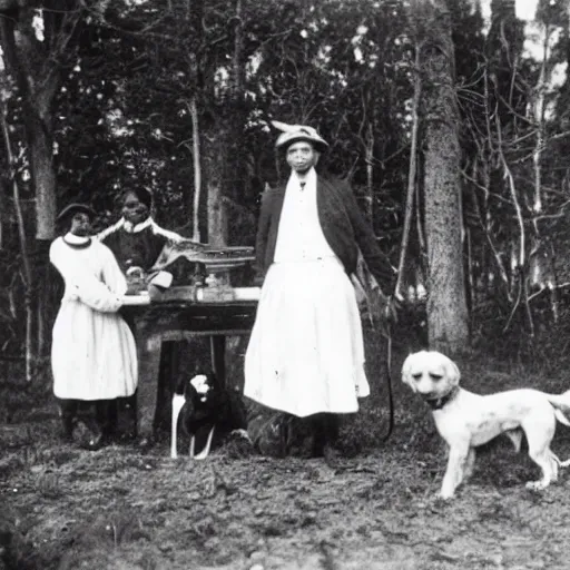 Prompt: a 1900s photo of a cultists worshiping a dog