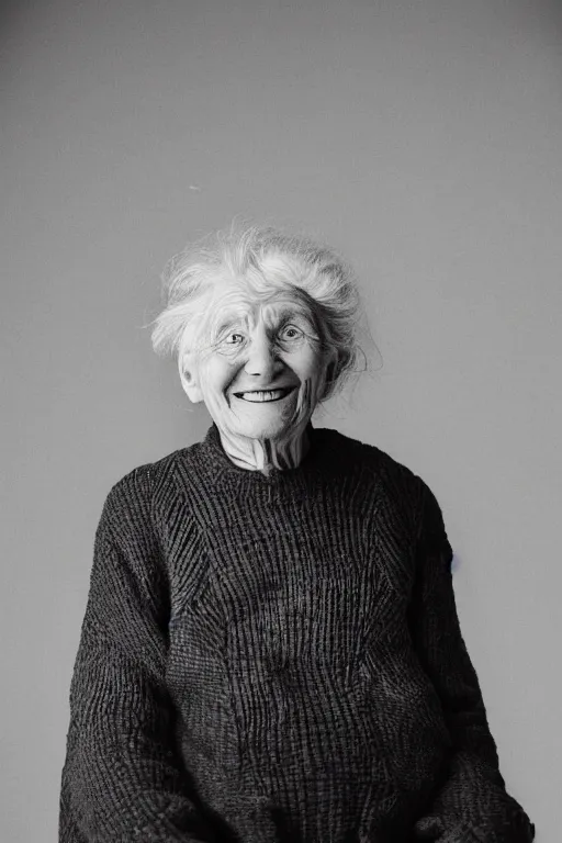 Prompt: A portrait of an old woman with an unnecessarily large smile, award winning photo