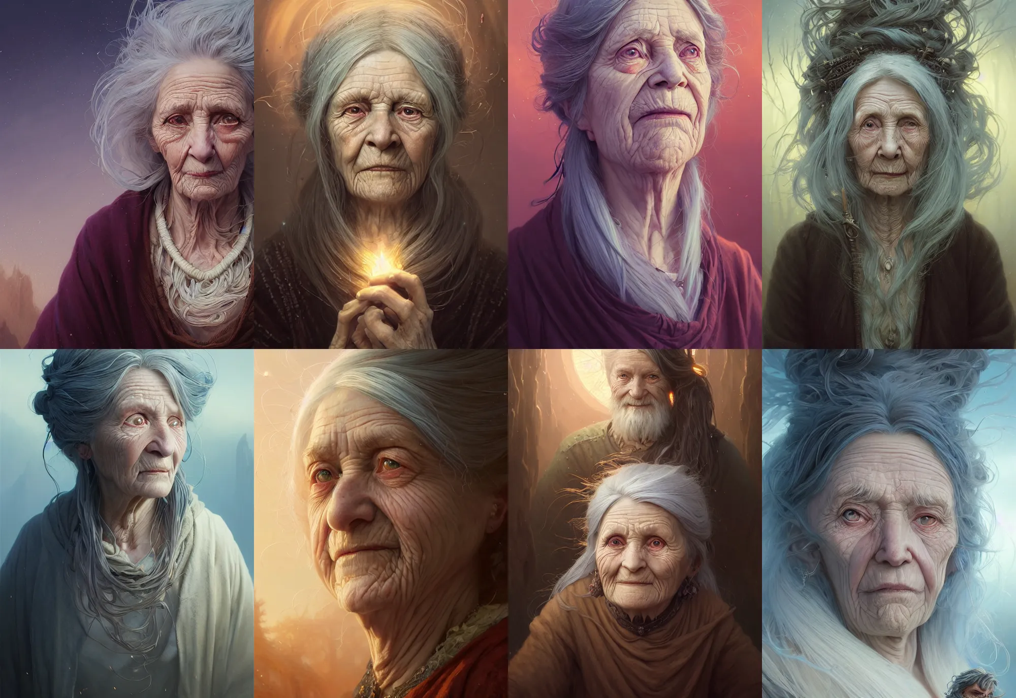 Image similar to highly detailed portrait of a very old woman with long hairs, stephen bliss, unreal engine, fantasy art by greg rutkowski, loish, rhads, ferdinand knab, makoto shinkai and lois van baarle, ilya kuvshinov, rossdraws, tom bagshaw, alphonse mucha, global illumination, radiant light, detailed and intricate environment