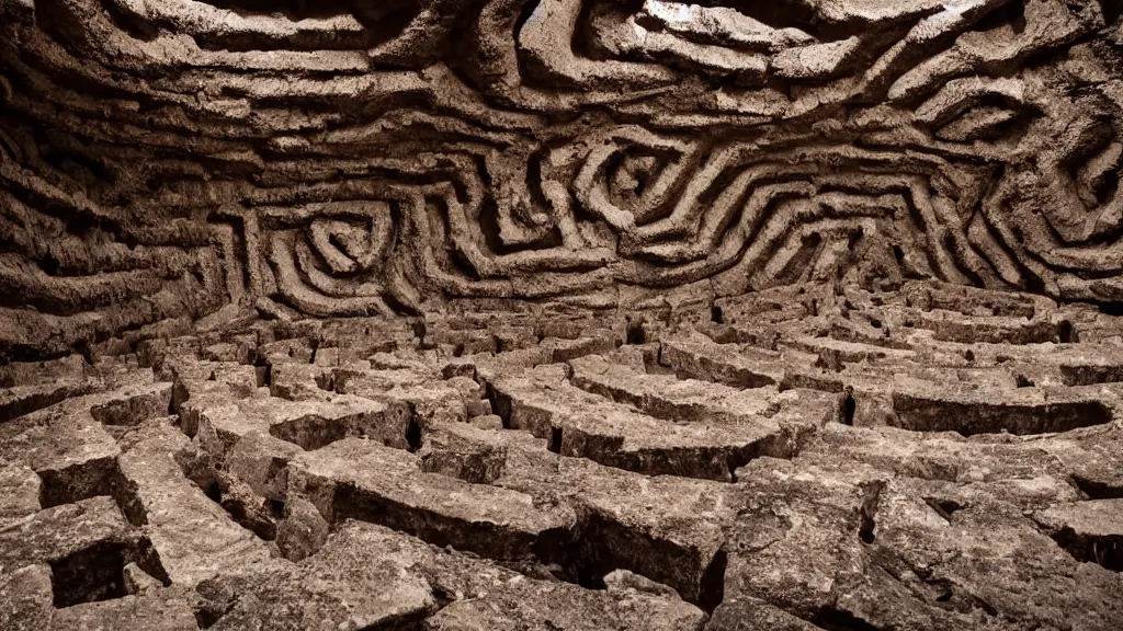 Prompt: The inside of a labyrinth, the walls are made out of a dark brown stone, dark atmosphere