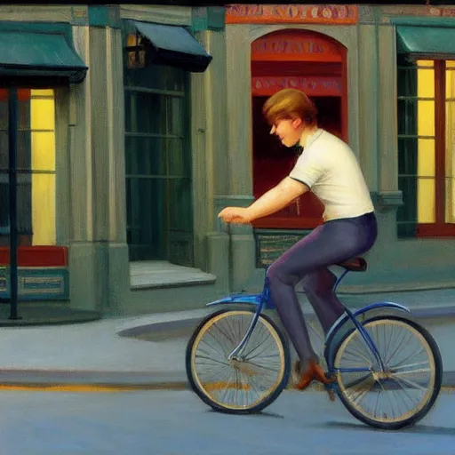 Image similar to young australian shepherd puppy riding a bike in paris. edward hopper. faithfully depicted, sharp focus, global illumination, radiant light, detailed and intricate environment, trending on artstation